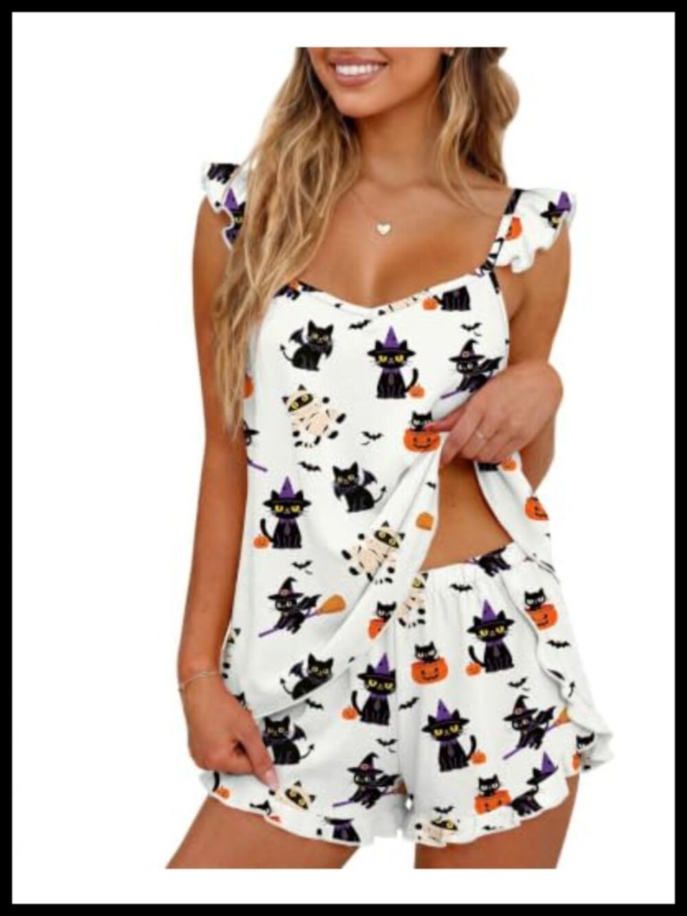 Ruffle Cami Pajama Short Set 2 Piece Split Leg Sleepwear - Picture 1 of 6